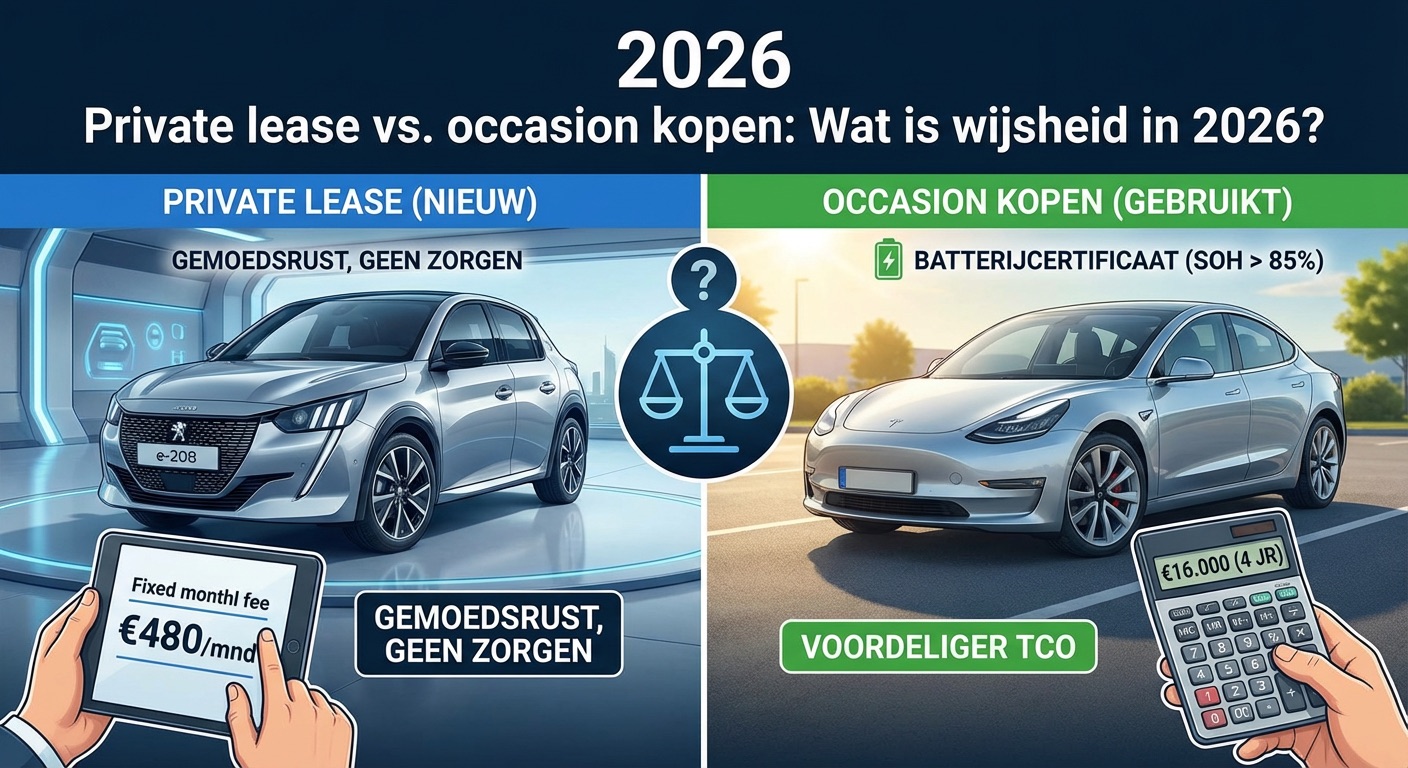 Illustratie van de vergelijking tussen een EV occasion kopen en private leasen