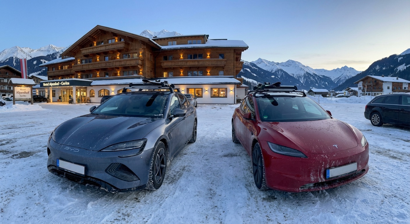 BYD Seal en Tesla Model 3 buiten bij een ski resort in de Alpen.
